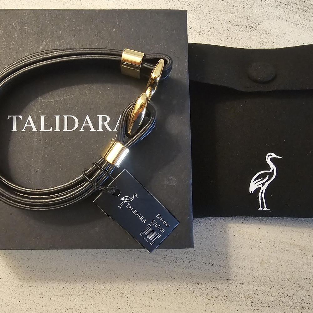 NWT Talidara Black Leather Multi Strand Anchor Bracelet Gold Tone Box Pouch $265